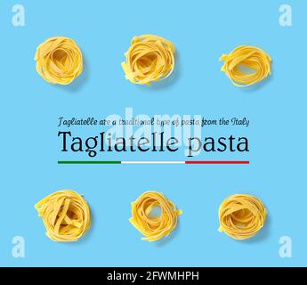 Tagliatelle di pasta italiana. Pasta cruda fettuccine pop art fondo, piatto. Pasta italiana al nido crudo isolata in blu Foto Stock