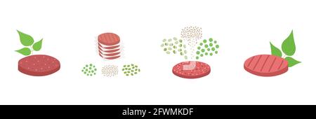 Set di carne a base di piante. Polpettine di hamburger senza ingredienti con foglie verdi e ingredienti come fagioli, riso marrone e piselli. Cibo organico vegano. Immagine piatta vettoriale. Illustrazione Vettoriale