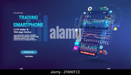 App per la negoziazione della criptovaluta sul telefono. Piattaforma di trading modello, concetto di pagina web. App per smartphone con interfaccia utente, statistiche online, analisi dei dati e. Illustrazione Vettoriale