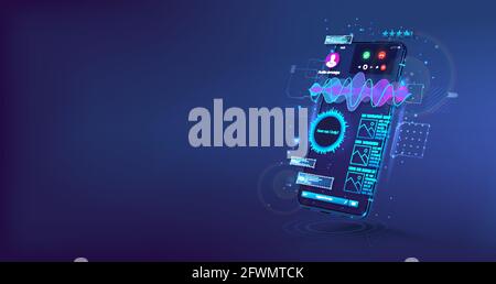 Assistente vocale sul telefono cellulare. Dispositivo 3D realistico con onda sonora e interfaccia utente. Smartphone con visualizzazione prospettica e riconoscimento vocale. Soundwave Illustrazione Vettoriale