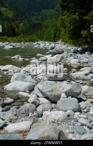 Arte dello stack rock a Norrish Creek a Dewdney, Mission, British Columbia, Canada Foto Stock