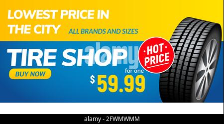 Banner voucher negozio pneumatici. Vendita pneumatici automobili volantino ruota invernale modello poster servizio vettoriale Illustrazione Vettoriale