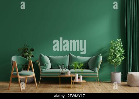 Parete interna verde mockup con divano verde e poltrona verde In salotto, rendering 3D Foto Stock