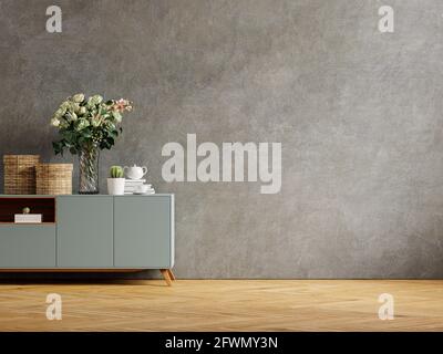 Parete in cemento mockup con piante ornamentali e decorazione su cabinet, rendering 3d Foto Stock