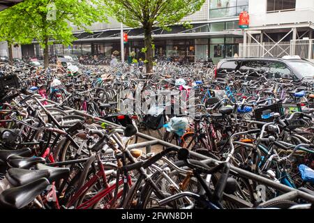 Andare in bicicletta ad Amsterdam è il mezzo di trasporto principale, un parcheggio Foto Stock