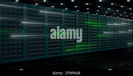 I server potenti si trovano dietro pannelli di vetro in una sala server di un data center o ISP. Foto Stock