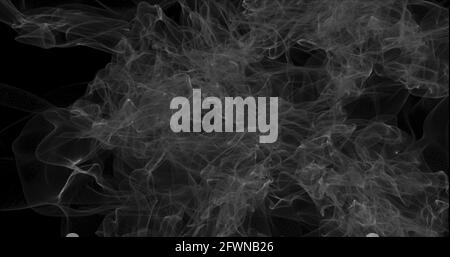 Fumo bianco fluttuante su sfondo nero. Nebbia di fumo di ghiaccio secco nubi di fumo astratto. Sfondo con foschia. Illustrazione 3D Foto Stock