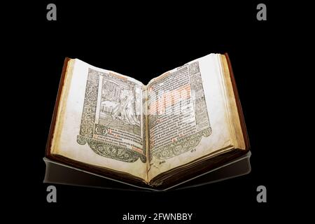 Il libro delle ore è un libro di devozionale cristiano popolare nel Medioevo. È il tipo più comune di manoscritto medievale illuminato sopravvissuto. Foto Stock