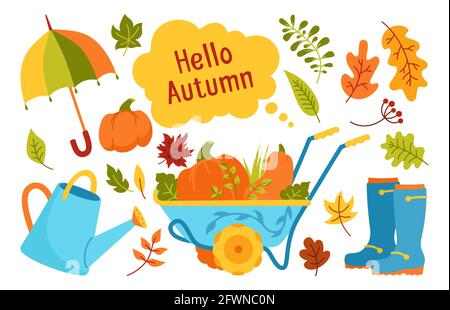 Set di strumenti per cartoni animati di oggetti da giardino disegnati a mano in autunno. Piatto rurale caduta lasciare, ombrello, zucca, irrigazione rustica lattina, cart stivale gomma, collezione doodle. Autunnale vibes clip art scheda vettoriale. Illustrazione Vettoriale