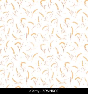 Modello senza cuciture con semi di grano intero, orecchie naturali e organiche isolate su sfondo bianco. Illustrazione Vettoriale