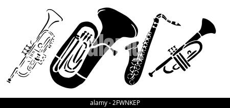 Icona strumenti musicali a vento. Sagome di strumenti a vento. Illustrazione vettoriale astratta Illustrazione Vettoriale