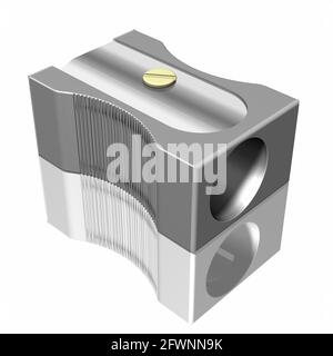 Affilatrice a matita su sfondo bianco con riflessi. illustrazione 3d Foto Stock