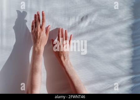 Mano della donna che si allunga su sfondo bianco. Foto Stock