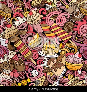 Doodles Cartoon Dessert modello senza cuciture. Illustrazione Vettoriale