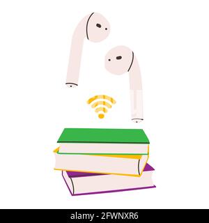 Concetto di audiolibro. Immagine vettoriale di una pila di libri e cuffie wireless. Elementi per design, logo, stampa. Illustrazione Vettoriale