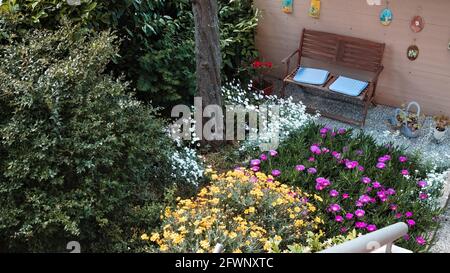 Un giardino pieno di piante e fiori colorati con panca in legno (Pesaro, Italia, Europa) Foto Stock
