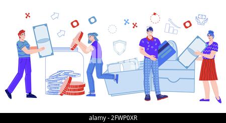 Trasferimento di denaro online e portafoglio virtuale, transazioni finanziarie e pagamenti non in contanti. Online banking, business app e servizi finanziari, cartoon ve Illustrazione Vettoriale