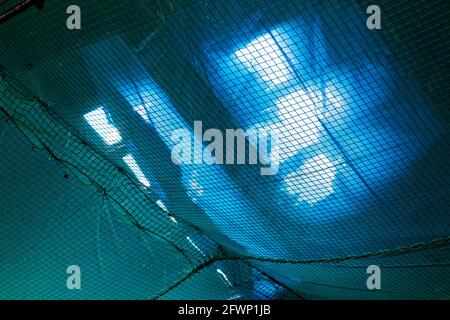 una rete di sicurezza di colore verde, posta sotto il tetto per evitare il rischio di cadute durante i lavori Foto Stock