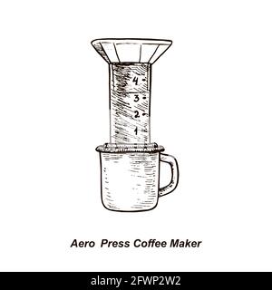 Macchina da caffè AeroPress, disegno a inchiostro a rotocalco con iscrizione scritta a mano Foto Stock