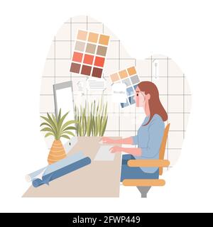 Grafico o interior designer che lavora su computer in studio di design vettoriale flat illustration. Progetto di design per la creazione di personaggi femminili. Lavoratore creativo che sceglie colori e modelli per il suo progetto. Illustrazione Vettoriale