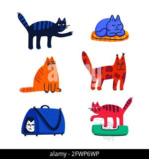 Concetto di cura degli animali domestici. Set di gatti cartoni animati con pelliccia colorata diversa e segni in piedi seduti o a piedi. Cura del gatto, cura del corpo, igiene, salute Illustrazione Vettoriale