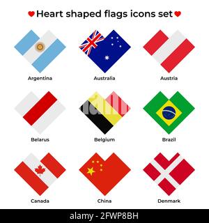 Set di icone di bandiere a forma di cuore. Icona a bandiera a forma di cuore rettangolare semplice. Icona vettore, simbolo, pulsante. Illustrazione in stile piatto Illustrazione Vettoriale