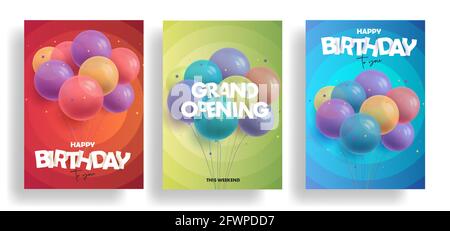 Set di volantini o volantini con 3d realistico colorato mazzo di palloncini rotondo compleanno round, invito all'evento, grande festa di apertura Illustrazione Vettoriale