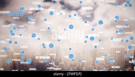 Composizione del testo aziendale e rete di icone digitali paesaggio urbano Foto Stock