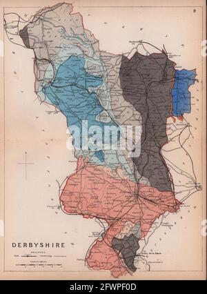 DERBYSHIRE antica mappa geologica della contea di James Reynolds 1864 Foto Stock