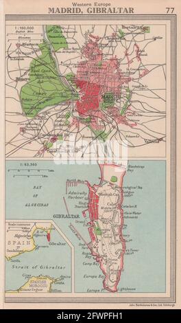 Iberia città. Madrid e Gibilterra. Spagna. BARTOLOMEO 1949 vecchia mappa vintage Foto Stock