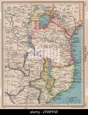 Africa Orientale Tanganyika Tanzania Rodesia Mozambico. BARTOLOMEO 1949 vecchia mappa Foto Stock