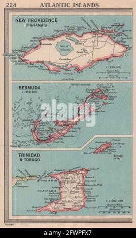 Nuova Provvidenza, Bahamas. Bermuda. Trinidad Tobago. BARTOLOMEO 1949 vecchia mappa Foto Stock