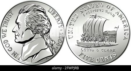 Moneta americana, moneta da cinque centesimi USA con il terzo presidente americano Thomas Jefferson su Obverse e keelboat della spedizione di Lewis e Clark al contrario Illustrazione Vettoriale