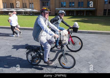 Due ciclisti maschi con i loro cani Bichon Frise nel cesto davanti alla loro bicicletta fuori dal Museo di Arte Contemporanea, The Rocks, Sydney, Foto Stock