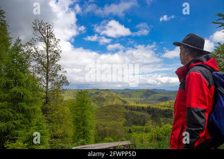 L'escursionista guarda dalla cima dell'Eiderberg alla foresta del Palatinato meridionale, Germania (modello rilasciato) Foto Stock