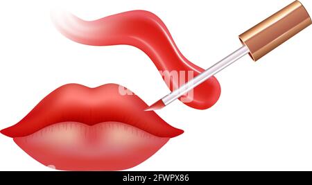 Set per il make-up delle labbra con crema realistica, rossetto liquido realistico e labbra. Illustrazione Vettoriale