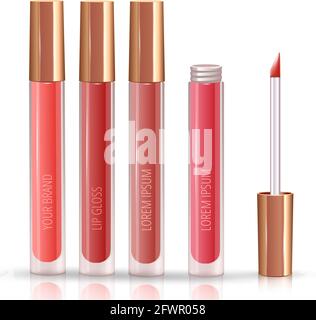 Set per il make-up delle labbra con rossetto liquido realistico. Illustrazione Vettoriale