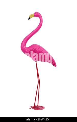 un fenicottero rosa di plastica su sfondo bianco Foto Stock