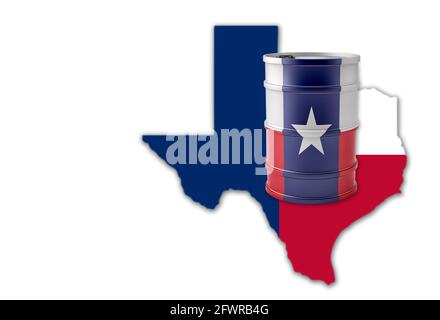 Tamburo a nafta con design a bandiera texana di fronte alla silhouette dello stato del Texas. Rendering 3D Foto Stock