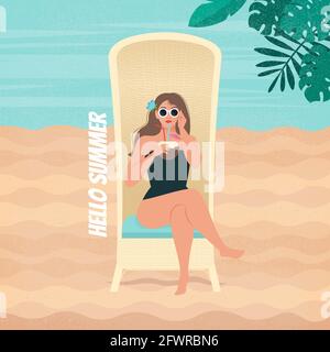 Poster retrò con bella donna che riposa sulla spiaggia, seduta sul vecchio lettino e cocktail bevande. Illustrazione vettoriale, stile piatto Illustrazione Vettoriale