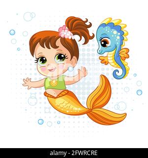 Simpatico baby sirena e piccolo cavalluccio marino. Personaggio cartoon. Illustrazione vettoriale isolata su sfondo puntato. Per i prodotti per bambini e souvenir Illustrazione Vettoriale