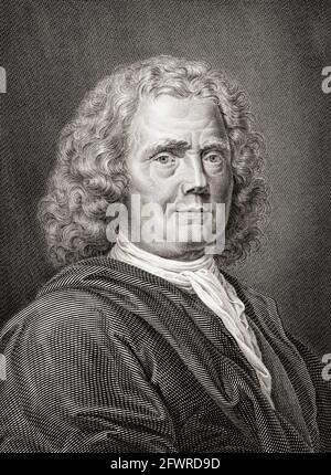 Herman Boerhaave, 1668 – 1738. Botanico olandese, chimico, umanista cristiano e medico. È stato chiamato 'il padre della fisiologia'. Dopo un'incisione di Faustini Andersoni. Foto Stock