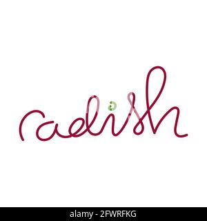 Lettering radish contorno semplice minimalista disegno piatto illustrazione vettoriale isolato su sfondo bianco Illustrazione Vettoriale