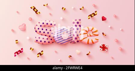 Grande sconto o vendita banner o poster design su sfondo rosa brillante. Vendita composizione parola con confezione regalo, cuori, confetti. Illustrazione vettoriale Illustrazione Vettoriale