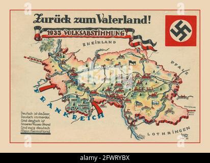 Nazi Germany vintage 'Back to the Fatherland' '1935 REFERENDUM' plebiscito del referendum di Saar, 1935, carta di propaganda per il plebiscito di Saar, una carta con una mappa di Saar e una carta di propaganda colorata inviata per posta nella zona di Saar nel 1935 'la Germania di Saar per sempre' Foto Stock