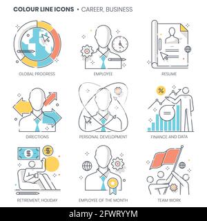 Carriera, attività correlate, linea a colori, icona vettoriale, set di illustrazioni. Illustrazione Vettoriale