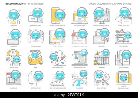 Correlato al robot Chatter, linea di colori, icona vettoriale, set di illustrazioni Illustrazione Vettoriale