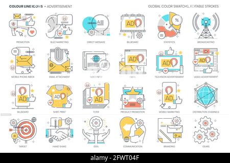 Relativo alla pubblicità, linea a colori, icona vettoriale, set di illustrazioni Illustrazione Vettoriale