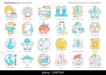 Ambiente, relativo all'inquinamento, linea di colore, icona vettoriale, set di illustrazioni Illustrazione Vettoriale