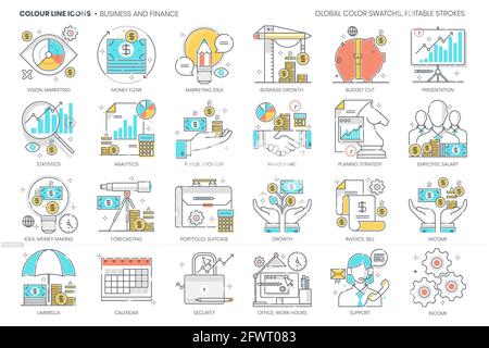 Business e finanza, linea a colori, icona vettoriale, set di illustrazioni. L'insieme riguarda le statistiche, la crescita, l'economia, il marketing, il settore bancario. Illustrazione Vettoriale